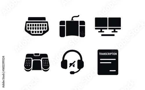 solid icon isolated stenotype machine keyboard playback pedal dual monitor setup transcription foot switch noise canceling headset transcription style guide