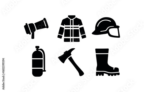 solid icon isolated firefighter hose nozzle firefighter turnout coat firefighter helmet visor firefighter oyn tank firefighter ae tool firefighter boot spike