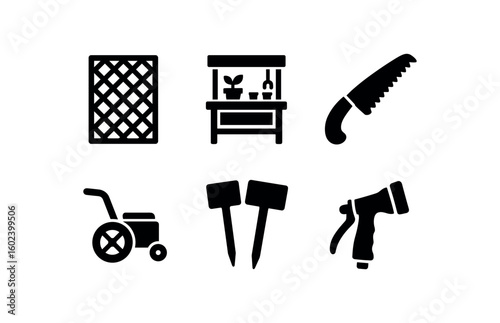 solid icon isolated gardening trellis panel gardening potting bench gardening pning saw gardening mulch layer gardening plant label stakes gardening hose nozzle