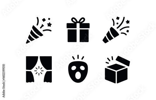 solid icon isolated surprise party popper surprise gift wrap paper surprise confetti cannon surprise reveal curtain surprise epression mask surprise bo lid
