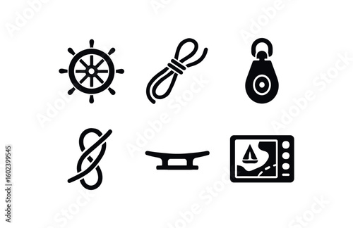 solid icon isolated sailing dder assembly sailing jib sheet rope sailing tacking pulley sailing knot guide sailing deck cleats sailing GPS chart plotter