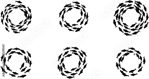 Colored silhouettes of groups of sea fishes. Colony of small fish. Icon with river taxers. Logo fish. Colored silhouettes school of fish. A group of silhouette fish swim in a circle. Marine life.