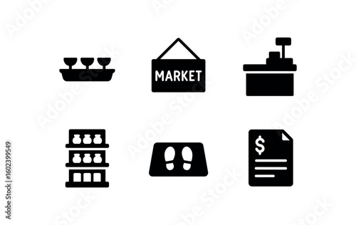 solid icon isolated market sampling tray market advertisement signboard market checkout market display shelf tier market footfall sensor pad market transaction ledr pad