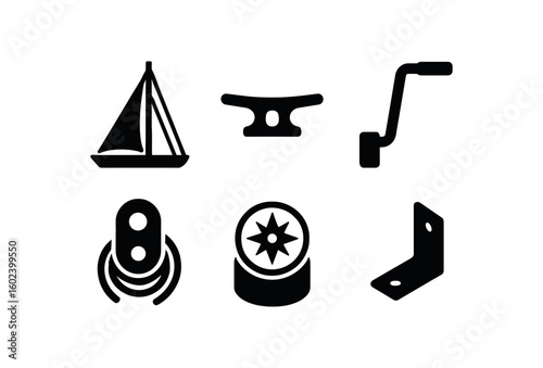 solid icon isolated sailing mast rigging sailing cleat hook sailing winch handle crank sailing sail reefing sailing compass binnacle sailing hull flan bracket