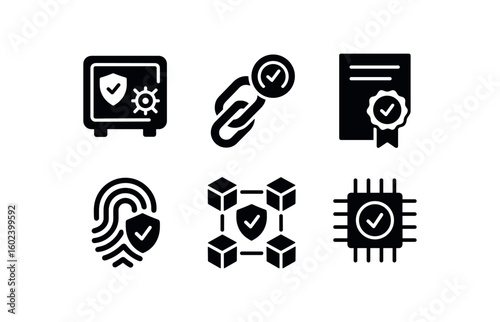 solid icon isolated tst vault lock mechanism tst meter tst certificate seal stamp tst finrprint authenticator tst node icon tst network token chip