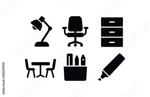 solid icon isolated desk lamp swivel chair filing cabinet meeting table desktop organizer whiteboard marker