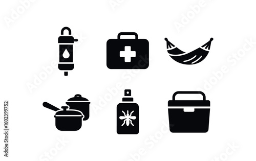 solid icon isolated camping water filter camping first aid kit camping hammock camping cookware camping insect repellent camping cooler bo