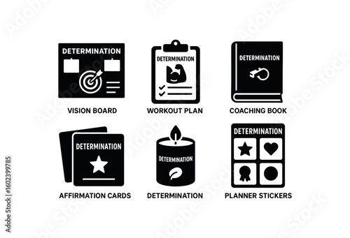 solid icon isolated determination board determination workout plan determination coaching book determination affirmation cards determination candle determination planner stickers