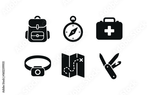 solid icon isolated adventure backpack adventure compass adventure survival kit adventure headlamp adventure trail map adventure multi tool