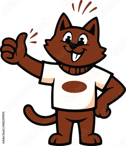 Cheerful brown cat mascot in t-shirt giving thumbs-up gesture