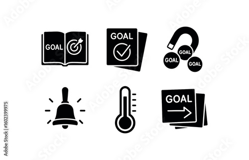 solid icon isolated goal planning guide goal affirmation cards goal magnet tokens goal focus goal progress thermometer chart goal arrow sticky notes