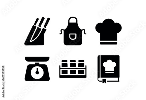 solid icon isolated chef knife chef apron chef toque hat chef kitchen scale chef spice rack chef recipe book