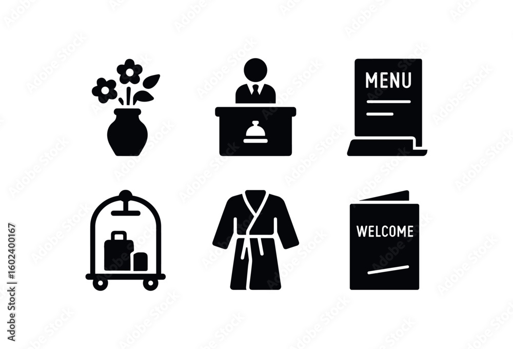 solid icon isolated hospitality flower arranment hospitality reception desk hospitality menu holder hospitality lugga cart hospitality robe hospitality welcome brochure