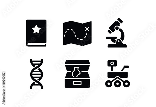 solid icon isolated y journal log y epedition map y microscope kit y DNA sequencer y artifact bo y model