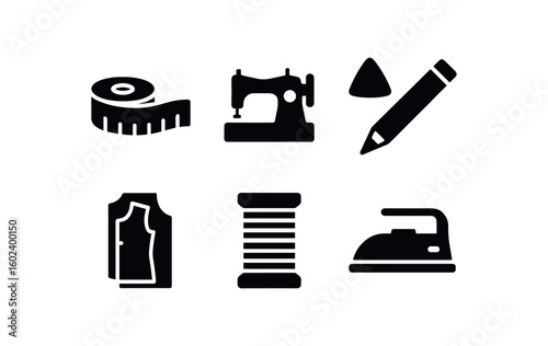 solid icon isolated tailor measuring tape tailor sewing machine tailor chalk pencil tailor pattern paper tailor thread spool tailor pressing