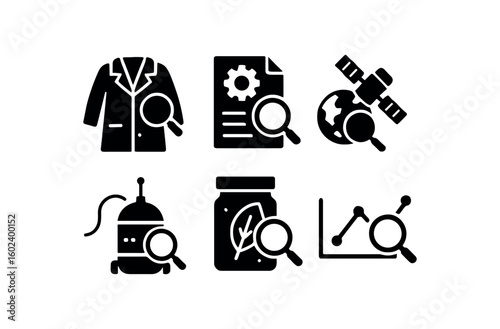 solid icon isolated y lab coat y patent application y satellite imary y deep probe y specimen jar y time chart