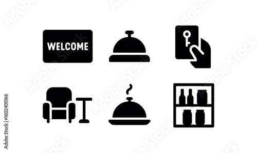 solid icon isolated hospitality welcome mat hospitality concier hospitality guest keycard hospitality loun ing hospitality room service tray hospitality bar