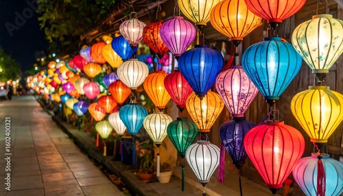 Colorful lanterns illuminate a night street