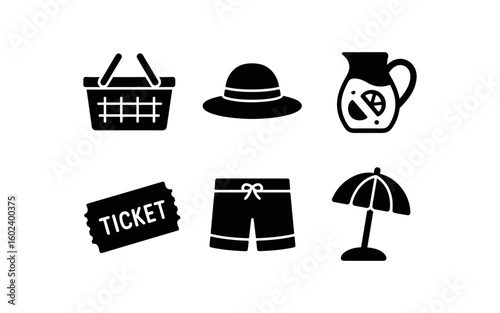 solid icon isolated summer picnic basket summer straw hat summer iced tea pitcher summer festival ticket summer swim tnks summer parasol stand