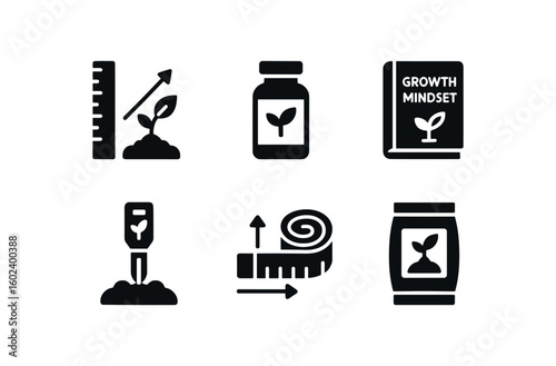 solid icon isolated growth chart ler growth hormone vial growth mindset book growth soil sensor growth measuring tape growth fertilizer pack