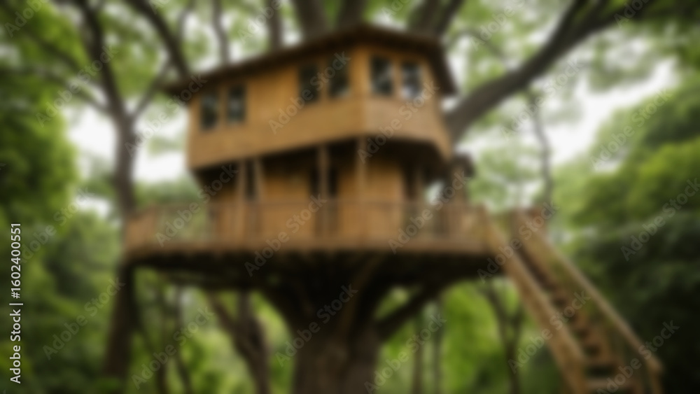 Blurry image of a tree house in the middle of a forest made of wood, blurry wallpaper, modern Evergreen theme. Blurry image of a tree house in the middle of a forest made of wood, blurry wallpaper, modern Evergreen theme.