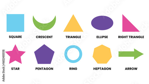 Geometric Shapes Illustration Square, Circle, Triangle, Star, Arrow, Ellipse, Pentagon & Heptagon for Educational, Math, and Design Concepts