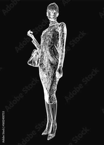 A woman in a flowing dress holds a stylish bag, depicted in elegant black and white contour lines. The minimalist illustration stands out against a dark background.