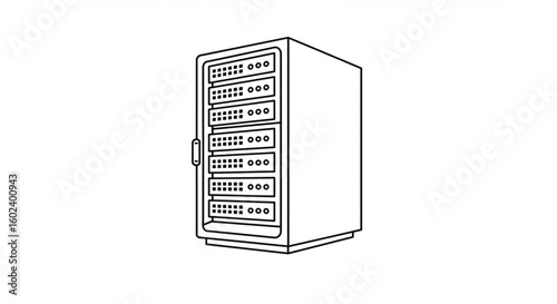 A simplified line drawing of a server rack, showcasing its compact design and multiple internal components.