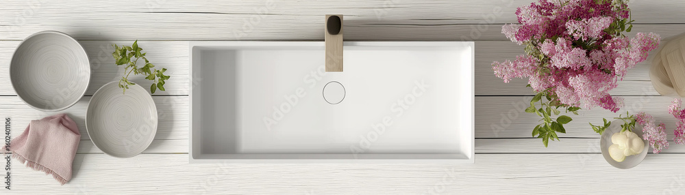 Fototapeta premium A rectangular white sink on top of a light grey wooden countertop, a plate with flowers next to the vessel faucet and an ashtray beside it, a bird's-eye view, product photography, 