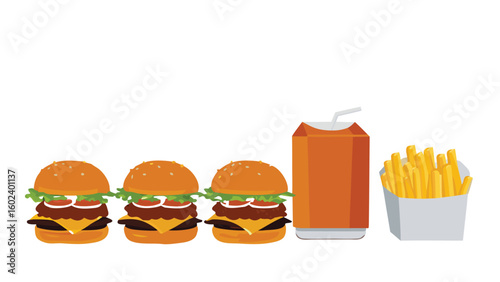 Illustration showing three burgers a juice box and a box of french fries in a row on white ground