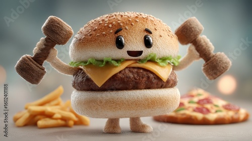Cartoon Burger Lifting Weights with Pizza and Fries