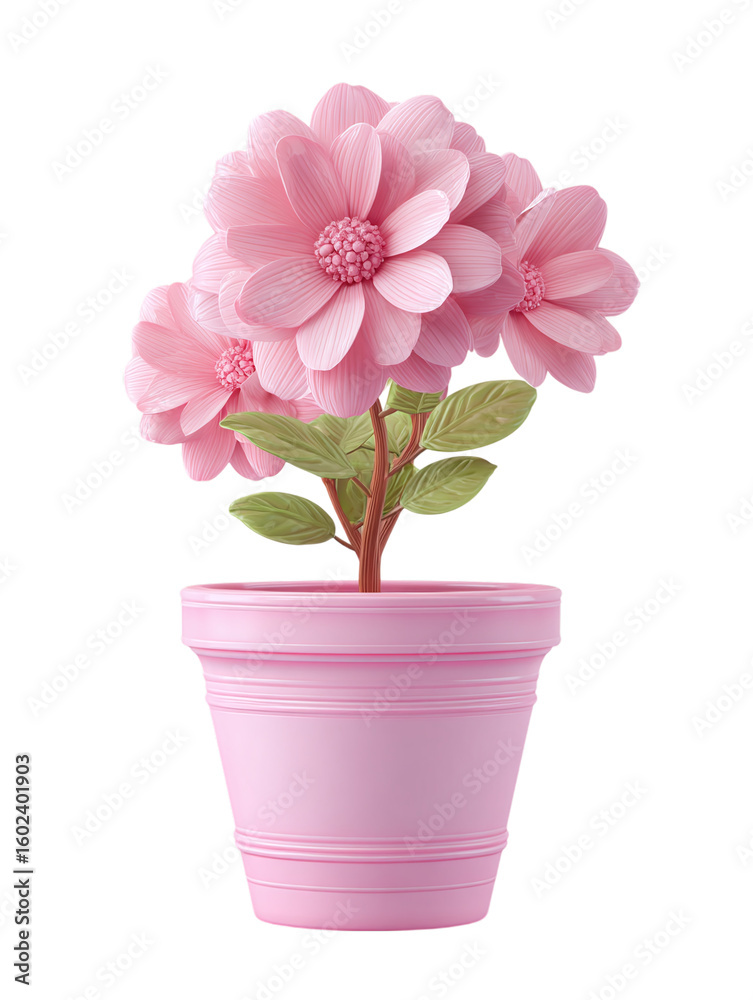 Fototapeta premium 3D pink flower in a pot in cartoon plastic style, gardening or spring theme, isolated on transparent background 