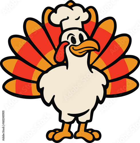 Cheerful turkey mascot with colorful feathers and chef hat