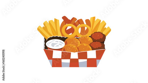 A basket filled with fries onion rings nuggets and dipping sauce presented on a white background view