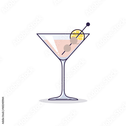 Cocktail glass with lemon slice and olives on white background  