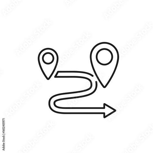 Route with two location pins and curvy path to the right  