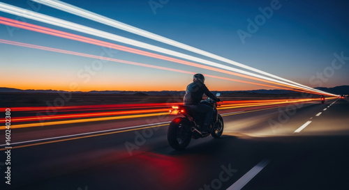 Motorcycle road speed night motion light trail highway adventure travel freedom rider dusk landscape journey fast transportation helmet outdoor scenic excitement. motorcyclist rides along highway