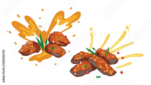 Illustration of two groups of glazed meat pieces with sauce and garnish on a white background