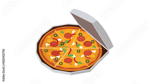 A pepperoni pizza with green peppers and red peppers shown in a partially open pizza box on white