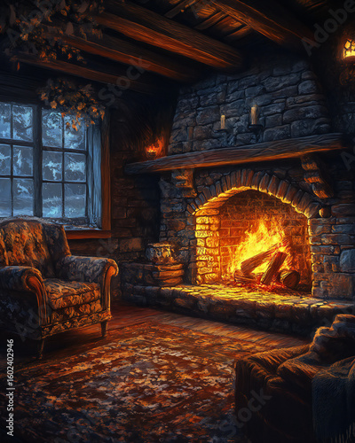 Warm Cozy Fireplace Ambiance in a Rustic Cabin Interior Scene