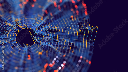 Abstract futuristic graph information computing  on disk space in dark cyberspace. Complex Big Data analysis processing. Digital AI technology information with defocus.