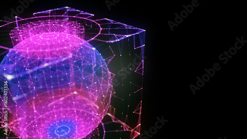 Abstract background digital virtual data 3d sphere in algorithm box in dark ciberspace. Futuristic big data analysis visualization. Cryptocurrency concep.