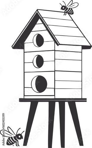A whimsical line art illustration of a three-tiered bee house on stilts with bees flying around it. Vector illustration , ideal for nature or garden-related designs.