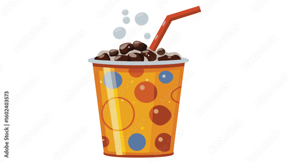 Illustration of a boba tea drink in a patterned cup with brown tapioca pearls and a red drinking straw Illustration of a boba tea drink in a patterned cup with brown tapioca pearls and a red drinking straw