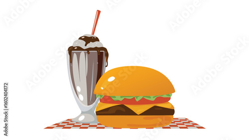 Illustration showing a burger with lettuce, tomato, cheese, and a chocolate milkshake with straw