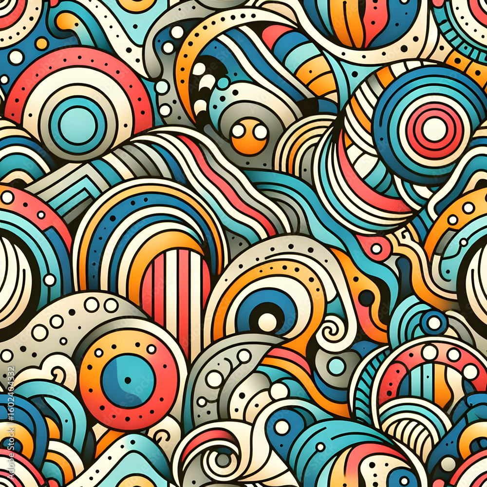 Fototapeta premium Abstract Colorful Design: An eye-catching pattern showcasing vibrant color and organic shapes. A visual symphony of swirling lines, dots, and curves, evoking a sense of movement, playfulness.