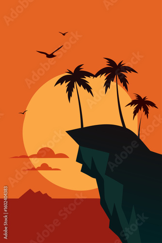 palm trees rocky island cliffs sunset seascape tropical view