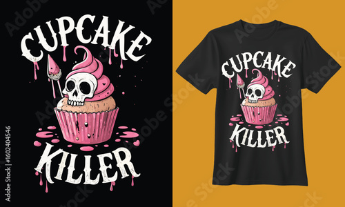 Spooky skull cupcake killer design with dripping frosting and knife on black background and t shirt mockup