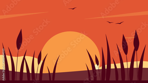 lake grass reeds sunset bird silhouette reflection