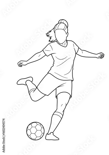 Female footballer shooting ball in line drawing style